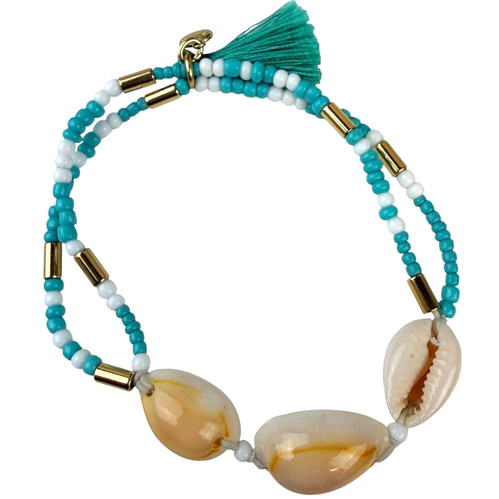 J.Crew 3-In-1 Strand Cowrie Shell Turquoise White Bead Tassel Bracelet Gold